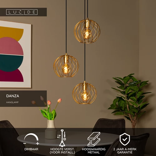 Lucide DANZA - Hanglamp - Ø 50 cm - 3xE27 - Mat Goud / Messing - USP